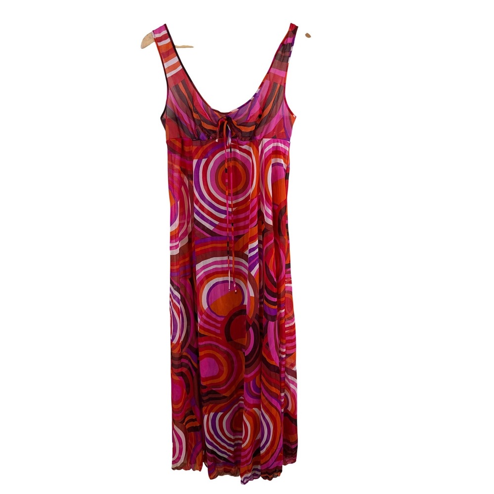 Olga Vintage Night Gown Geometric Print Maxi Dress Size 36 Pink Orange Sheer